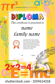 Diploma template for kids, certificate background. Background from scientific formulas. Mathematics, physics, chemistry. Vintage Hand drawn hand writing with a feather pen. Vector illustration 