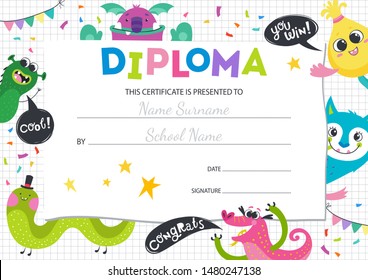 Diploma template for kids, certificate background with multi-colored monsters, confetti, garlands, stars, motivating inscriptions. Diploma for school, preschool or playschool. Vector illustration.