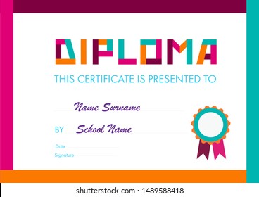Diploma template for kids, certificate background with hand drawn illustration for school, preschool or playschool. Vector illustration.
