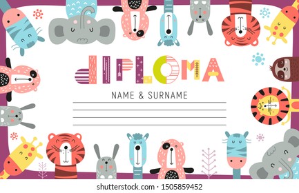 Diploma template for kids, certificate background with hand drawn cute jungle animals for school, preschool or playschool. Vector illustration. Tiger, sloth, elephant, giraffe, zebra, lion, llama.