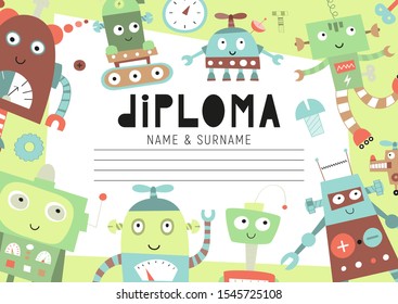 Diploma template for kids, certificate background with hand drawn cute robots for school, preschool, kindergarten or preschool. Vector illustration. Place for text.