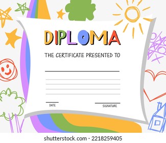 Diploma Template for Kids, Certificate background with Hand Drawn Colourful Drawing for school, Preschool or Nursery. Vector illustration.