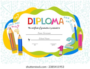 Diploma template for kids, certificate background. Background from scientific formulas. Mathematics, algebra, geometry. Kids students graduation frame template. Vector illustration