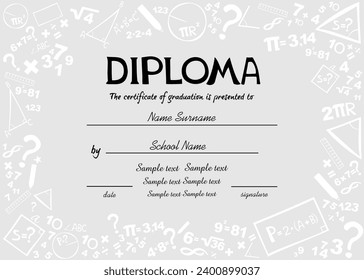 Diploma template for kids, certificate background. Background from scientific formulas. Mathematics, algebra, geometry. Kids students graduation frame template. Vector illustration