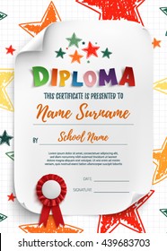 Diploma template for kids, certificate background with hand drawn stars for school, preschool or playschool.  Vector illustration.