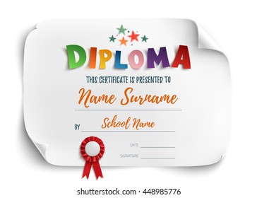 Diploma template for kids, certificate background with hand drawn colorful stars for school, preschool or playschool isolated on white. Vector illustration.