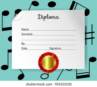 Diploma template for kids, certificate background for preschool,  musical school or playschool. Vector illustration.
