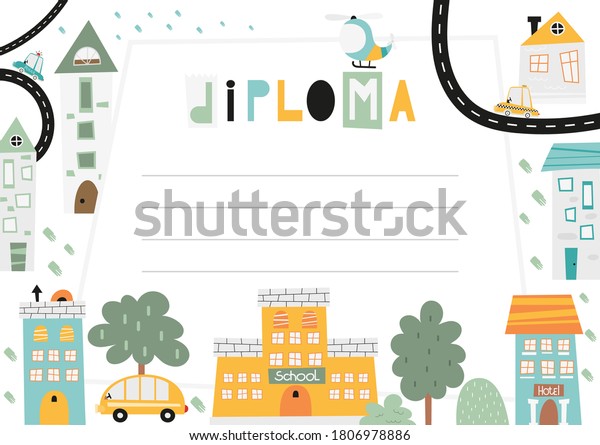 Diploma template for kids, certificate background\
with Little town - street, houses, cars, roads. Premade diploma for\
school, preschool, kindergarten or preschool. Vector illustration.\
Place for text.