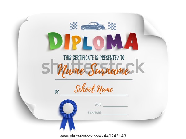 Diploma template for kids, certificate\
background with racing cars isolated on white, for school,\
preschool or playschool. Vector\
illustration.