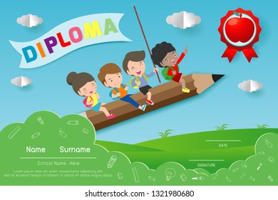 Diploma template for kids, Certificates kindergarten and elementary, Preschool Kids Diploma certificate pattern design template for students, paper art style vector illustration 