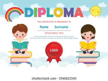 Diploma template for kids, Certificates kindergarten and elementary,  Preschool children Diploma certificate background design, Diploma template for kindergarten student isolated vector illustration