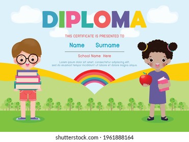 Diploma template for kids, Certificates kindergarten and elementary,  Preschool children Diploma certificate background design, Diploma template for child student isolated vector illustration