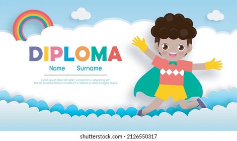 Diploma template for kids, Certificates kindergarten and elementary, Preschool, Certificate of super hero kids diploma paper art style isolated on background vector illustration