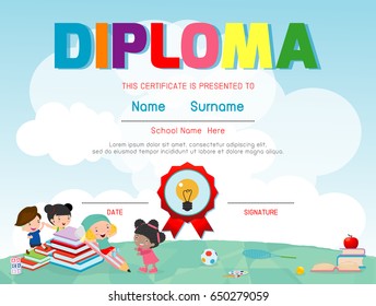 Diploma Template For Kids, Certificates Kindergarten And Elementary, Certificate Of Children Diploma, Vector Illustration.
