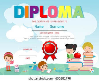 Diploma Template Kids Certificates Kindergarten Elementary Stock Vector ...