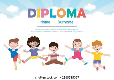 Diploma template for kids flat style, Certificates kindergarten and elementary, Preschool, isolated on background vector illustration