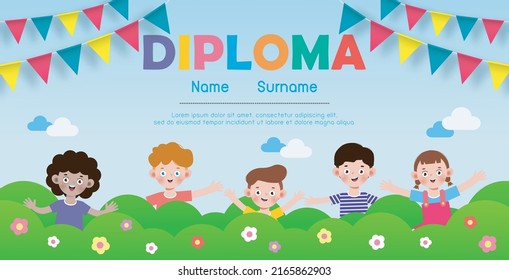 Diploma template for kids flat style, Certificates kindergarten and elementary, Preschool, isolated on background vector illustration