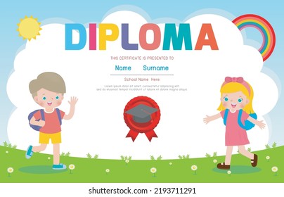 Plantilla de diploma para niños de estilo plano, Certificados de jardín de infancia y elemental, preescolar, aislados en ilustración vectorial de fondo