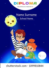 Diploma template for Kids learning about the stars, planets and the solar system at the  vector Illustration Cute  boy and  little girl looking at model of moon. Concept of children's learning.