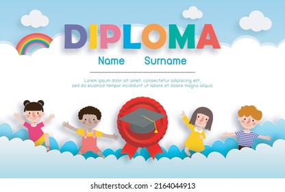 Diploma template for kids  paper art style, Certificates kindergarten and elementary, Preschool, isolated on background vector illustration