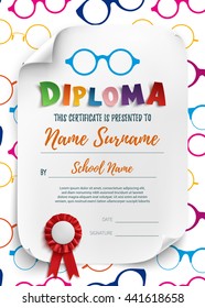 Diploma template for kids, school, preschool, playschool, certificate background wit colorful reading glasses. Vector illustration.