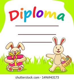 Diploma template for kids.Cartoon character rabbit with gifts and easter bunny with eggs.Flat illustration vector.Website banner concept.