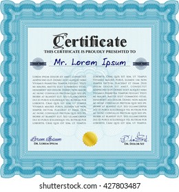 Diploma template. Lovely design. With complex background. Vector illustration. Light blue color.