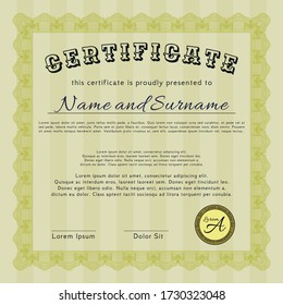 Diploma template.  Money style design.  With guilloche pattern.  Detailed.  Yellow color.