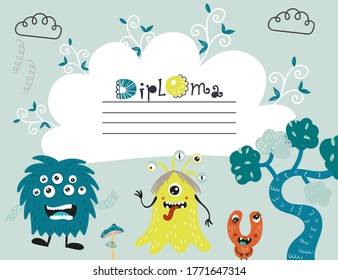 Diploma template with Monsters, certificate background with cute monsters for school, preschool, kindergarten.