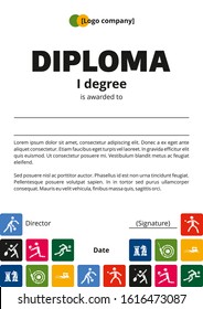 Diploma template with multi-colored squares and sports icons. Modern design of the winner’s diploma. Great idea for award materials of a sports festival.