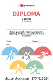 Diploma template with olympic rings and sports badges. Modern design of winner diploma. Great idea for award materials for a sports event.