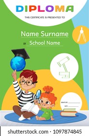 Diploma template for pupils of kindergartens and schoolchildren. Vector  illustration. Kids banner.