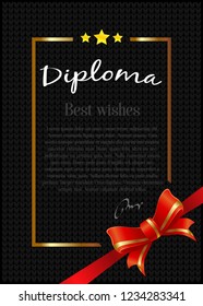 Diploma template with red ribbon on black background. vector illustration 