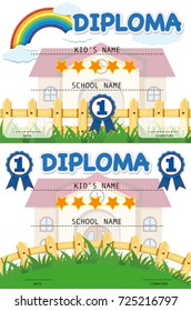 Plantilla de diploma con construcción escolar en ilustración de antecedentes