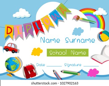 Diploma template with school items in background illustration