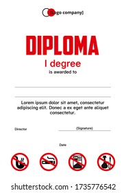 Diploma template with signs of the prohibition of smoking. Modern minimalistic diploma design. This is a diploma of the winner of medical educational events healthy lifestyle.