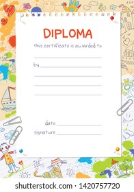 Diploma template in the style of children's collage with drawings.