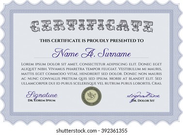 Diploma template. Vector illustration. With complex background. Excellent design. Blue color.