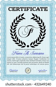 Diploma template. Vector illustration. With complex background. Excellent design. Light blue color.