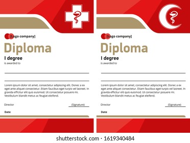 Diploma templates with a red cross and a crescent. Flat and abstract diploma of the winner of medical, scientific and educational competitions. Sign of medicine and first aid. Snake with a bowl.