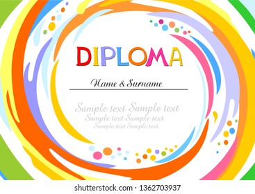 Diploma termination preschool program training children. Official document educational institution. Concept design diploma education. Flat vector. Diploma template for kindergarten students. Vector