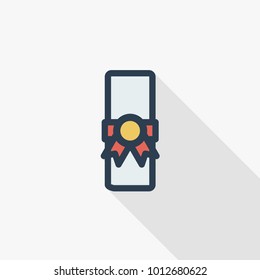 Diploma thin line flat color icon. Linear vector illustration. Pictogram isolated on white background. Colorful long shadow design.