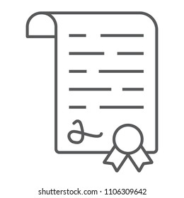 Diploma thin line icon, school and education, certificate sign vector graphics, a linear pattern on a white background, eps 10.