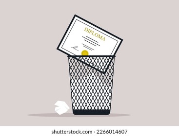 A diploma thrown out in a garbage bin, an educational crisis