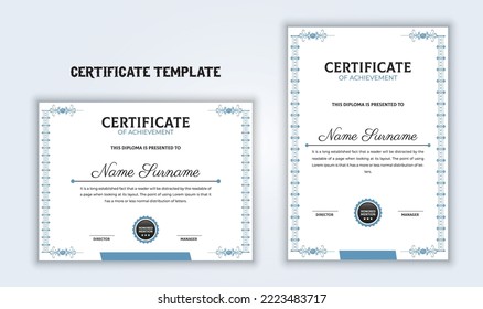 Diploma vector certificate template with ornament blue frame.