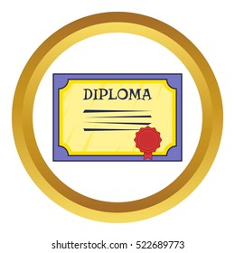 Diploma vector icon in golden circle, cartoon style isolated on white background