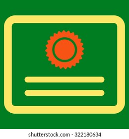 Diploma vector icon. Style is bicolor flat symbol, orange and yellow colors, rounded angles, green background.