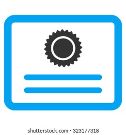 Diploma vector icon. Style is bicolor flat symbol, blue and gray colors, rounded angles, white background.