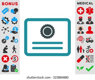 Diploma vector icon. Style is bicolor flat symbol, soft blue colors, rounded angles, white background.