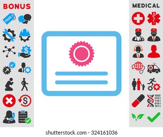 Diploma vector icon. Style is bicolor flat symbol, pink and blue colors, rounded angles, white background.